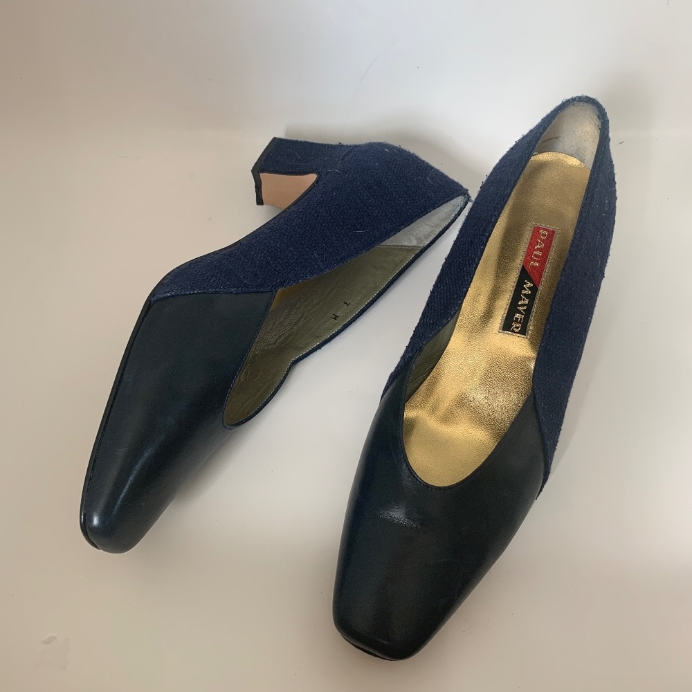 Paul Mayer Tweed and Leather Heels in Navy Size 7B